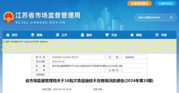 „Jiangsu“ provincijos rinkos priežiūros ir administracijos biuro pranešimas apie 16 partijų maisto mėginių ėmimo patikrinimų (Nr. 10, 2024)